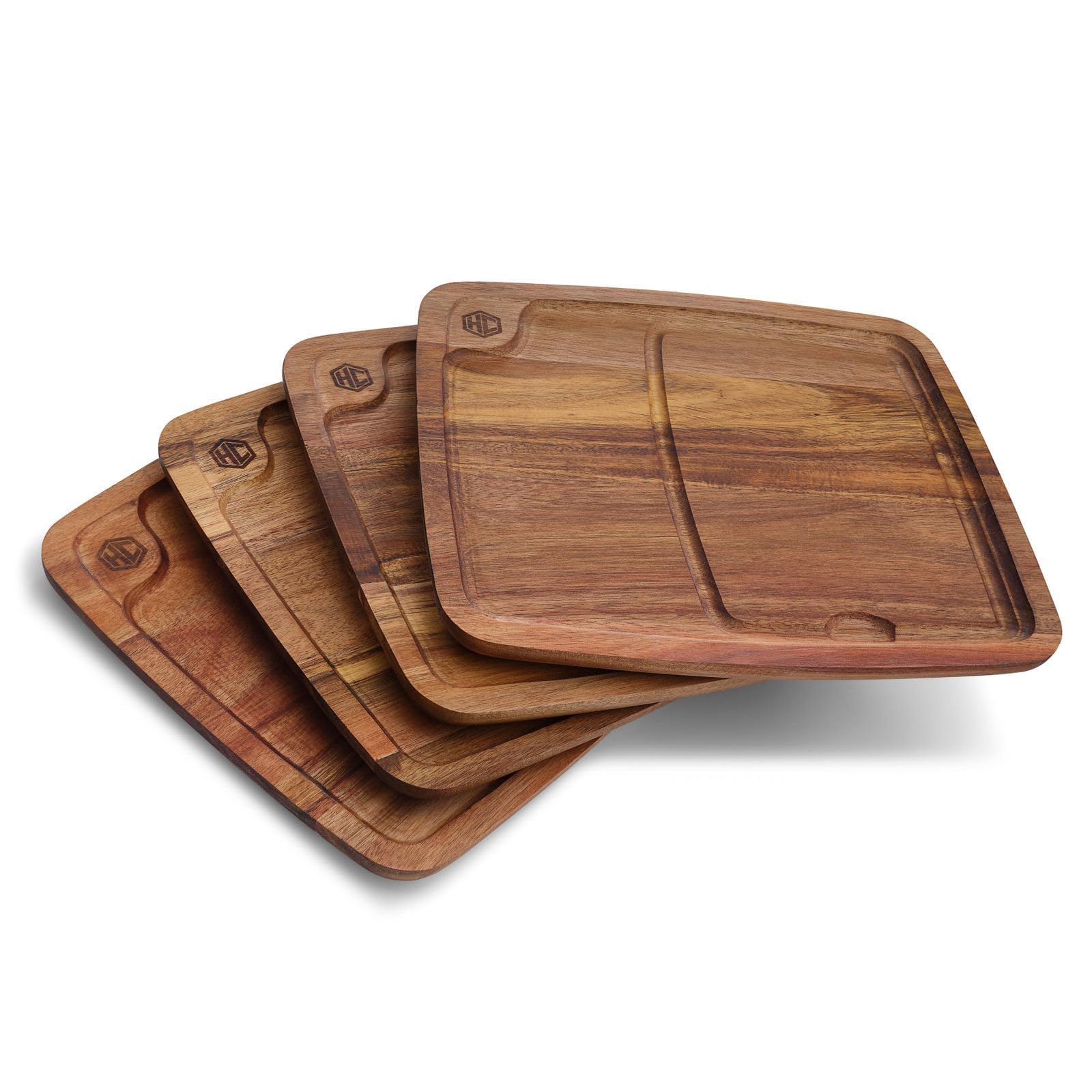 HexClad 4-Piece Bistecca Wooden Steak Plate Set with Juice Channel for Meats, Stackable Design with Straight Edges and Completely Flat Base, Easy to Clean, Lightweight and Durable