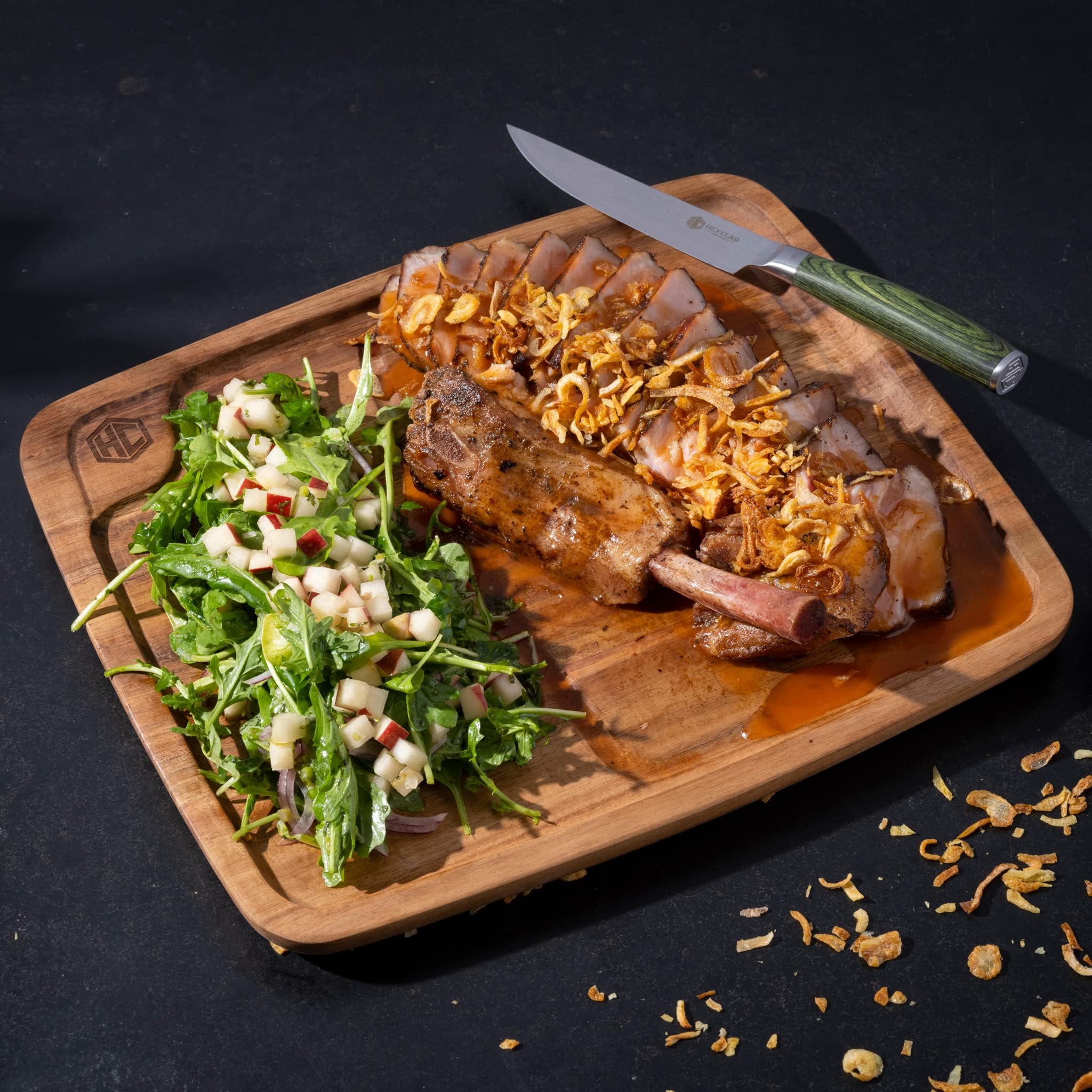 HexClad 4-Piece Bistecca Wooden Steak Plate Set with Juice Channel for Meats, Stackable Design with Straight Edges and Completely Flat Base, Easy to Clean, Lightweight and Durable