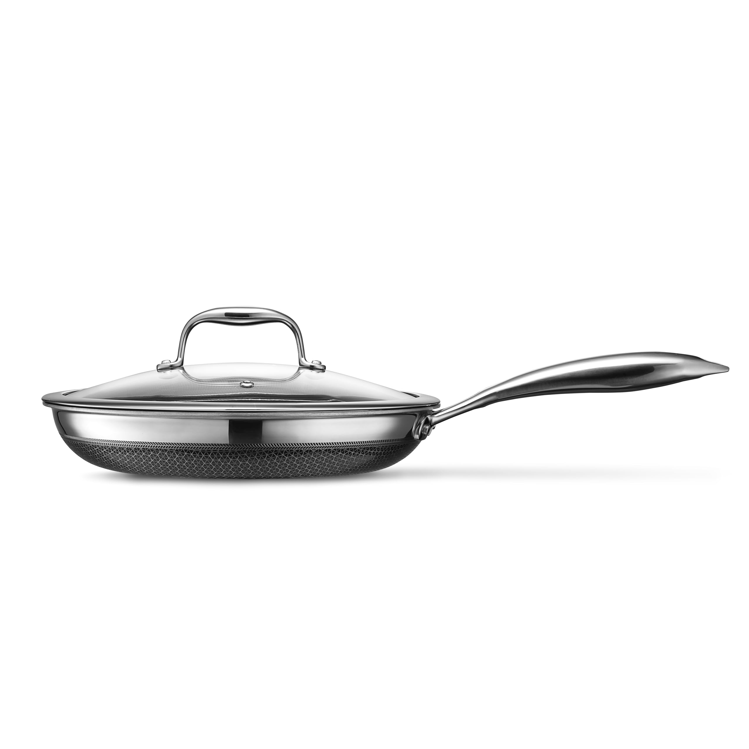 HexClad Hybrid Nonstick 10-Inch Frying Pan with Tempered Glass Lid, Stay-Cool Handle, Dishwasher-Friendly, Oven-Safe Up to 900°F, Induction-Ready, Compatible with All Cooktops