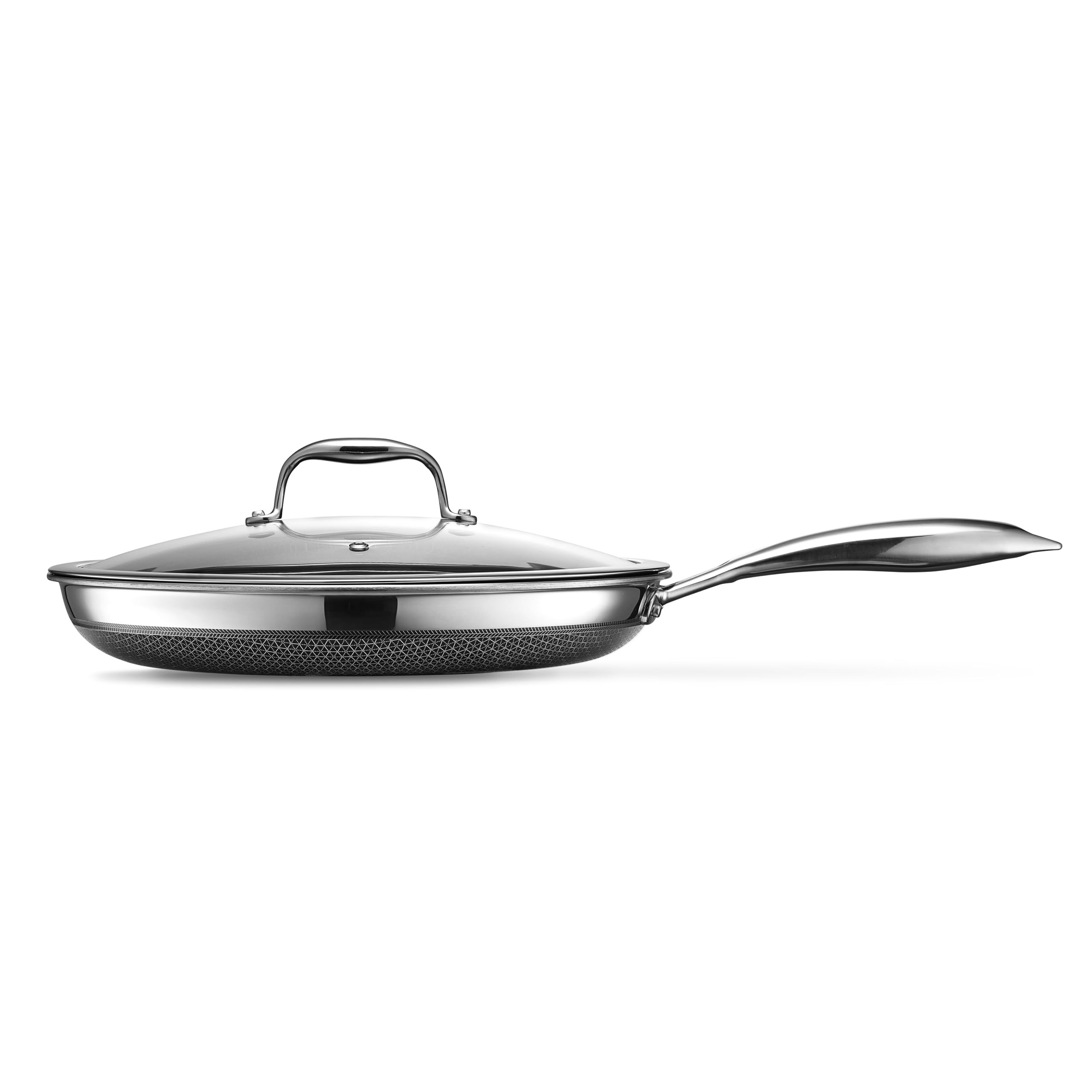 HexClad Hybrid Nonstick 12-Inch Frying Pan with Tempered Glass Lid, Stay-Cool Handle, Dishwasher-Friendly, Oven-Safe Up to 900°F, Induction-Ready, Compatible with All Cooktops