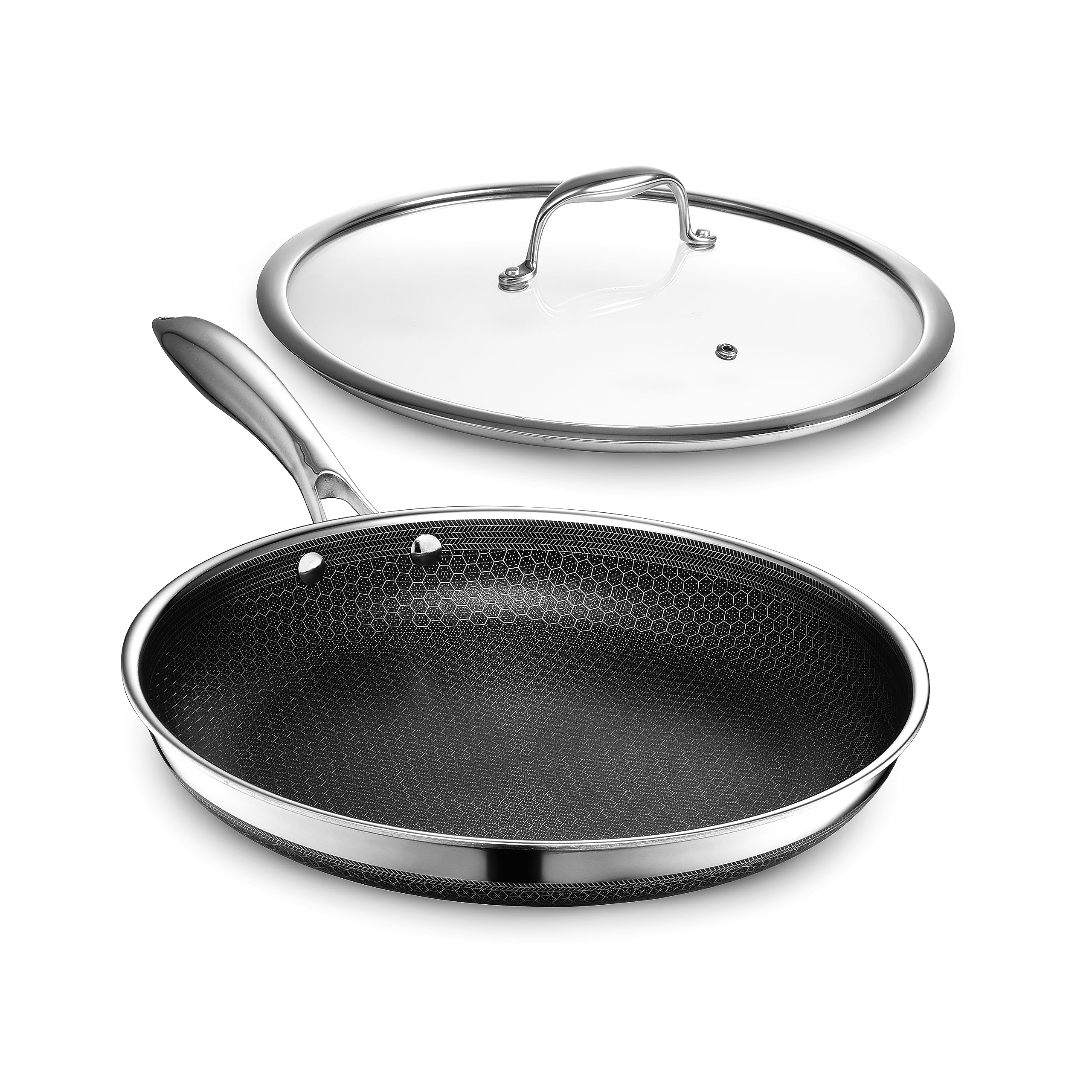 HexClad Hybrid Nonstick 14-Inch Frying Pan with Stainless Steel Lid, Stay-Cool Handles, Dishwasher-Friendly, Oven-Safe Up to 900°F, Induction-Ready, Compatible with All Cooktops