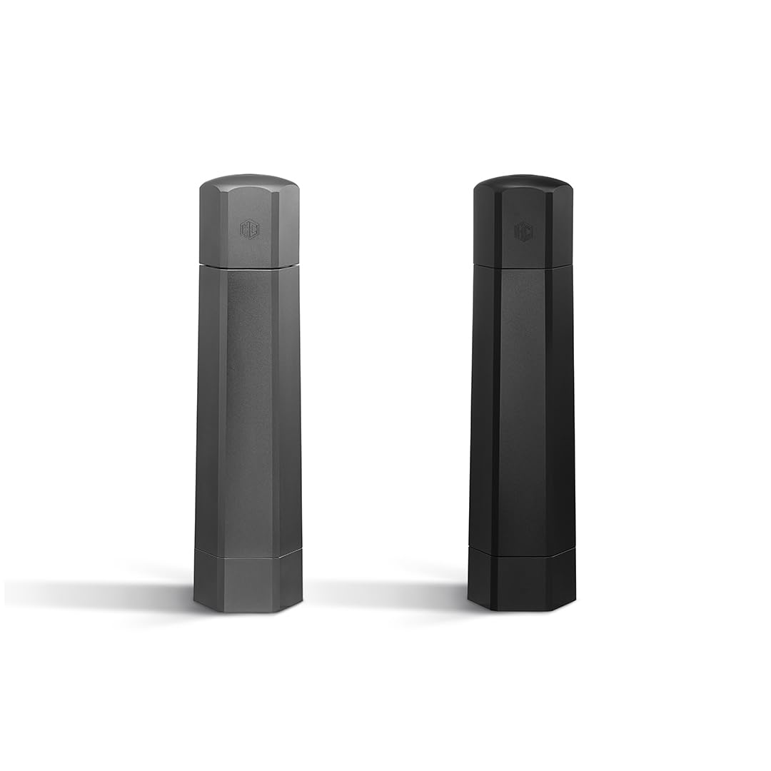 HexClad Tabletop Salt and Pepper Mill Set and Carrying Caddy Holder with Adjustable Coarseness Settings