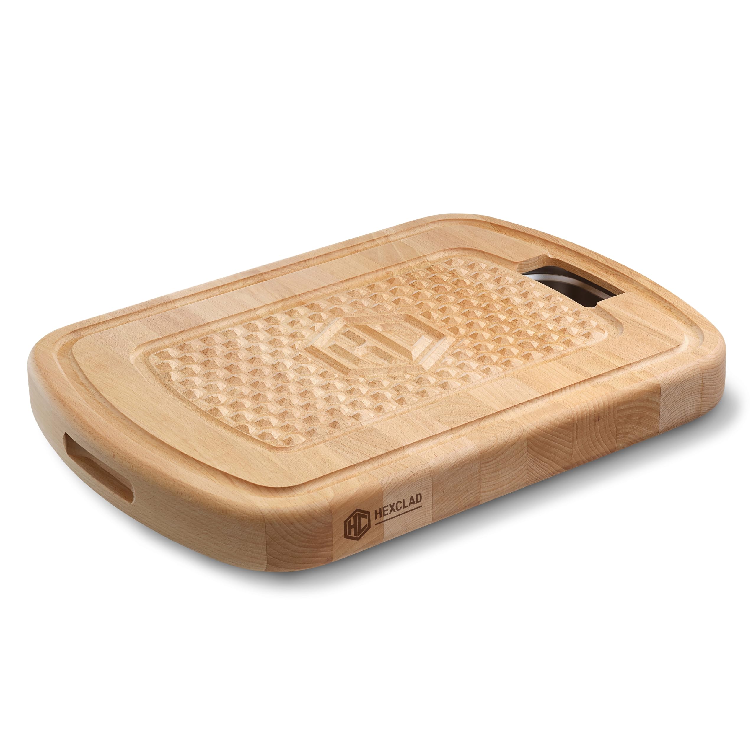 HexClad Hybrid Beechwood Carving and Cutting Board with Stainless Steel Drip Tray, Carrying Handle, and Juice Trenches, Double-Sided