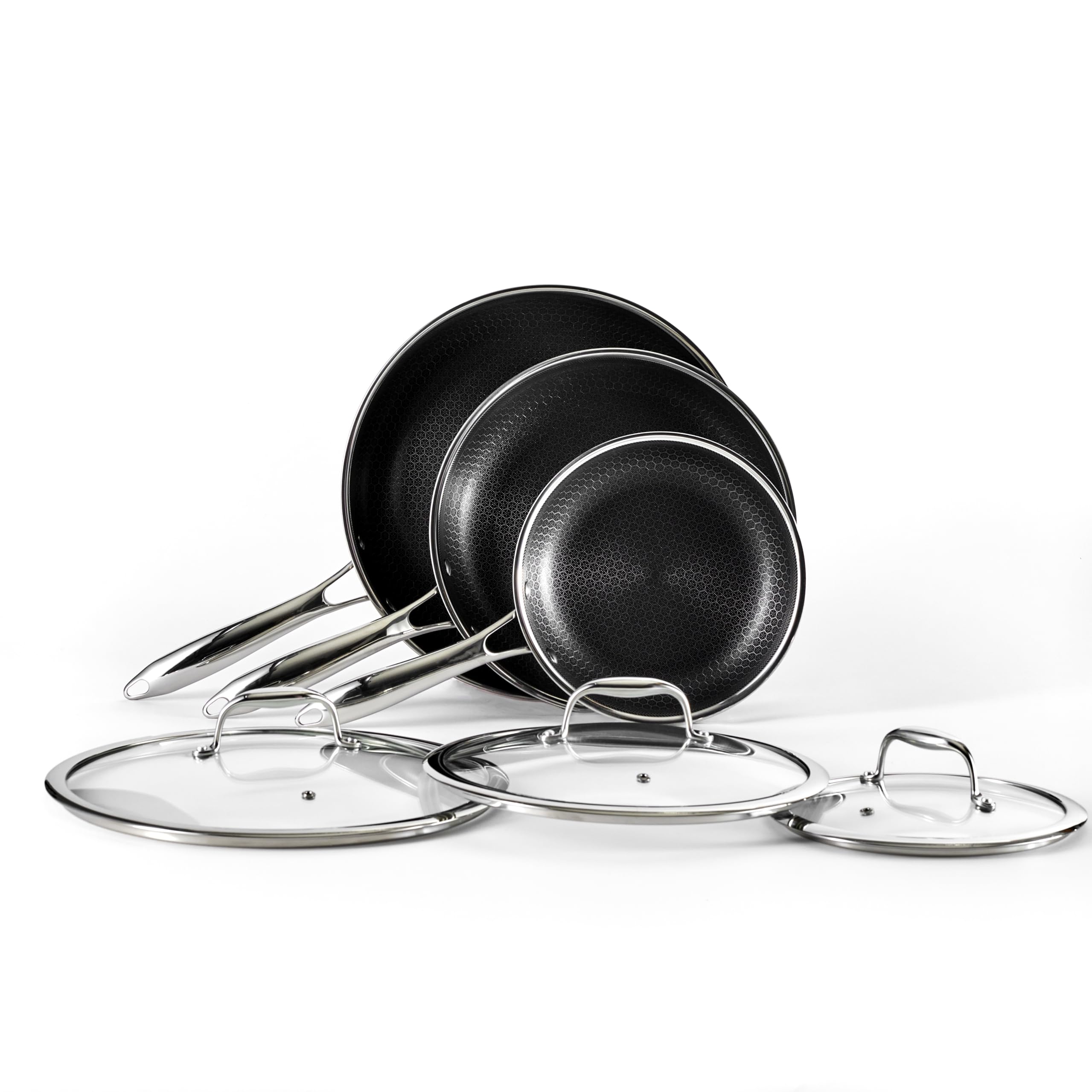 HexClad Hybrid Nonstick 6-Piece Fry Pan Set, 8, 10, and 12-Inch Frying Pans with Tempered Glass Lids, Stay-Cool Handles, Dishwasher-Friendly, Induction-Ready, Compatible with All Cooktops