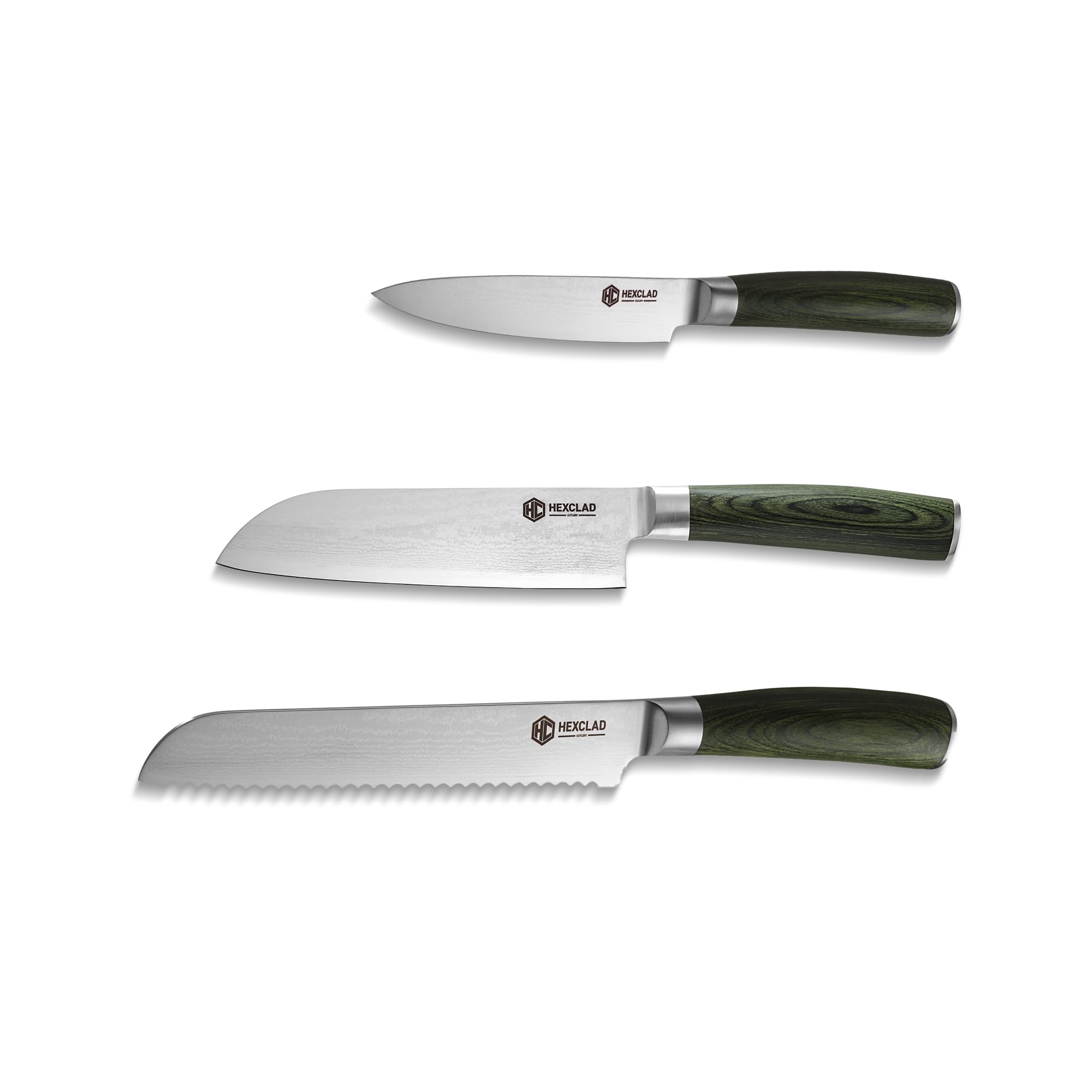 HexClad Knife Set with 8-Inch Serrated Bread Knife, 5-Inch & 7-Inch Japanese Chef and Santoku Knife with PakkaWood Handle