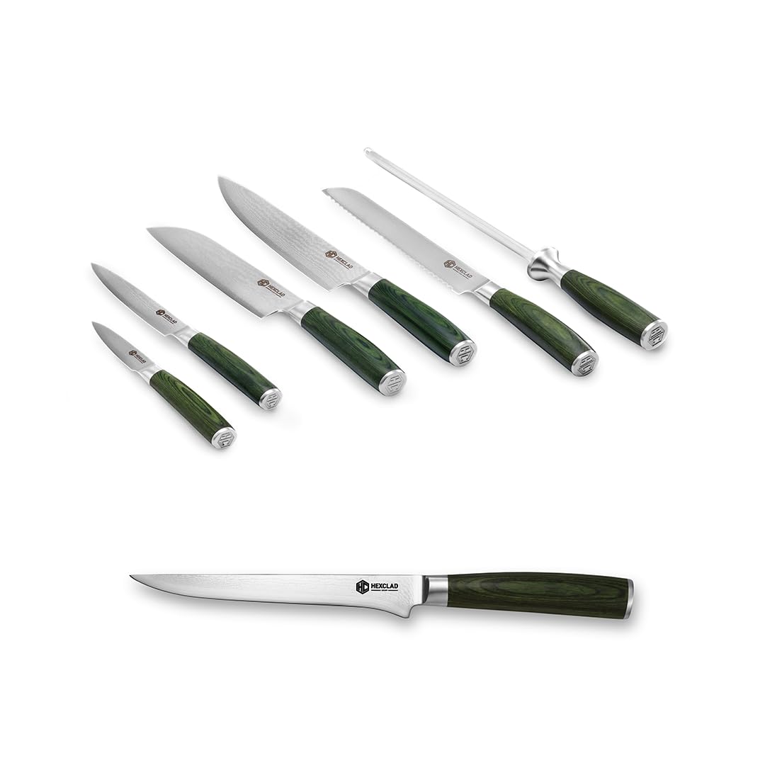 HexClad 10 Piece Knife Set - 4 piece Steak Knives and 6 Piece Essential Knife Set, Fine Edge, Non-Serrated, 60 Rockwell Rating, Forest Green Pakkawood Handles