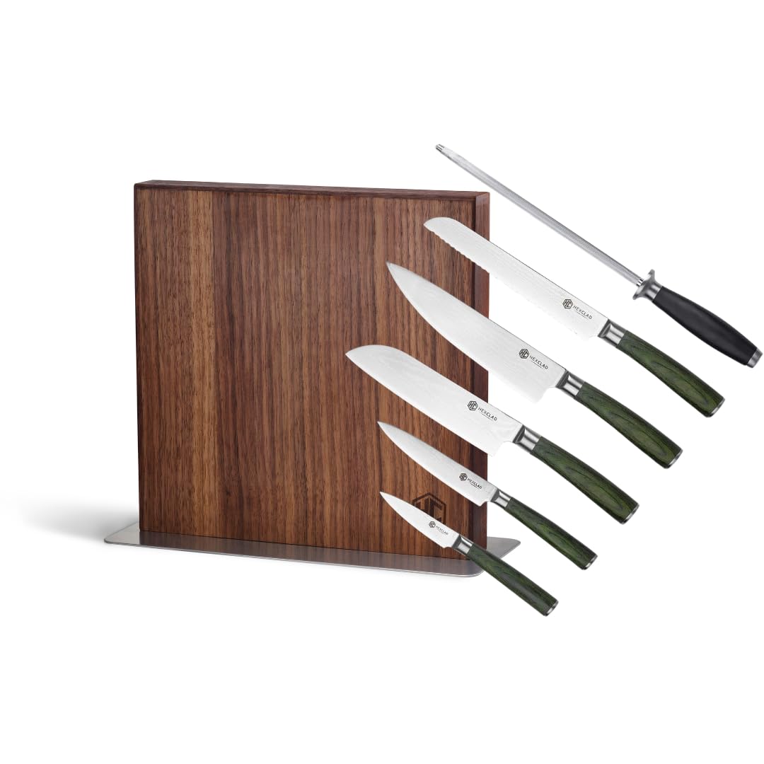 HexClad 7 Piece Knife Set - 6 Piece Damascus Essential Knife Set & Magnetic Knife Block, Comes with Chef's, Santoku, Bread, Utility and Pairing Knife and Walnut Knife Block