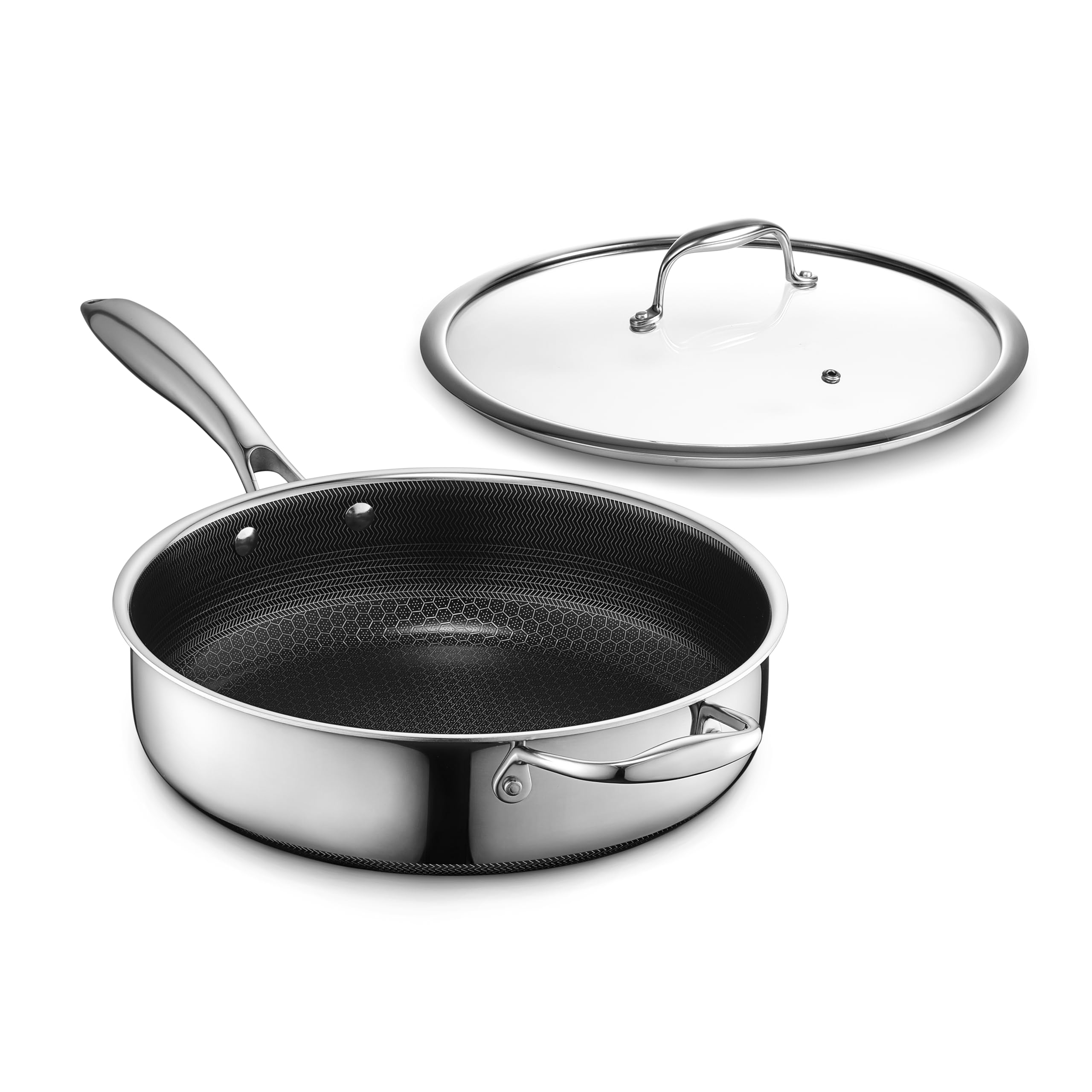 HexClad Hybrid Nonstick 4.5-Quart Deep Sauté Pan with Tempered Glass Lid, Stay-Cool Handle, Dishwasher-Friendly, Oven-Safe Up to 900°F, Induction-Ready, Compatible with All Cooktops