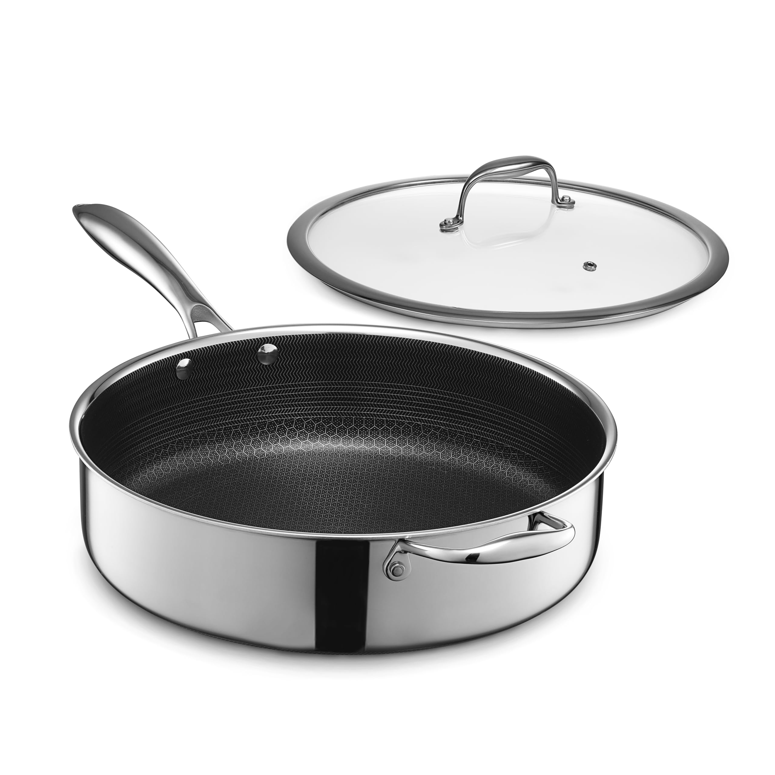 HexClad Hybrid Nonstick 4.5-Quart Deep Sauté Pan with Tempered Glass Lid, Stay-Cool Handle, Dishwasher-Friendly, Oven-Safe Up to 900°F, Induction-Ready, Compatible with All Cooktops