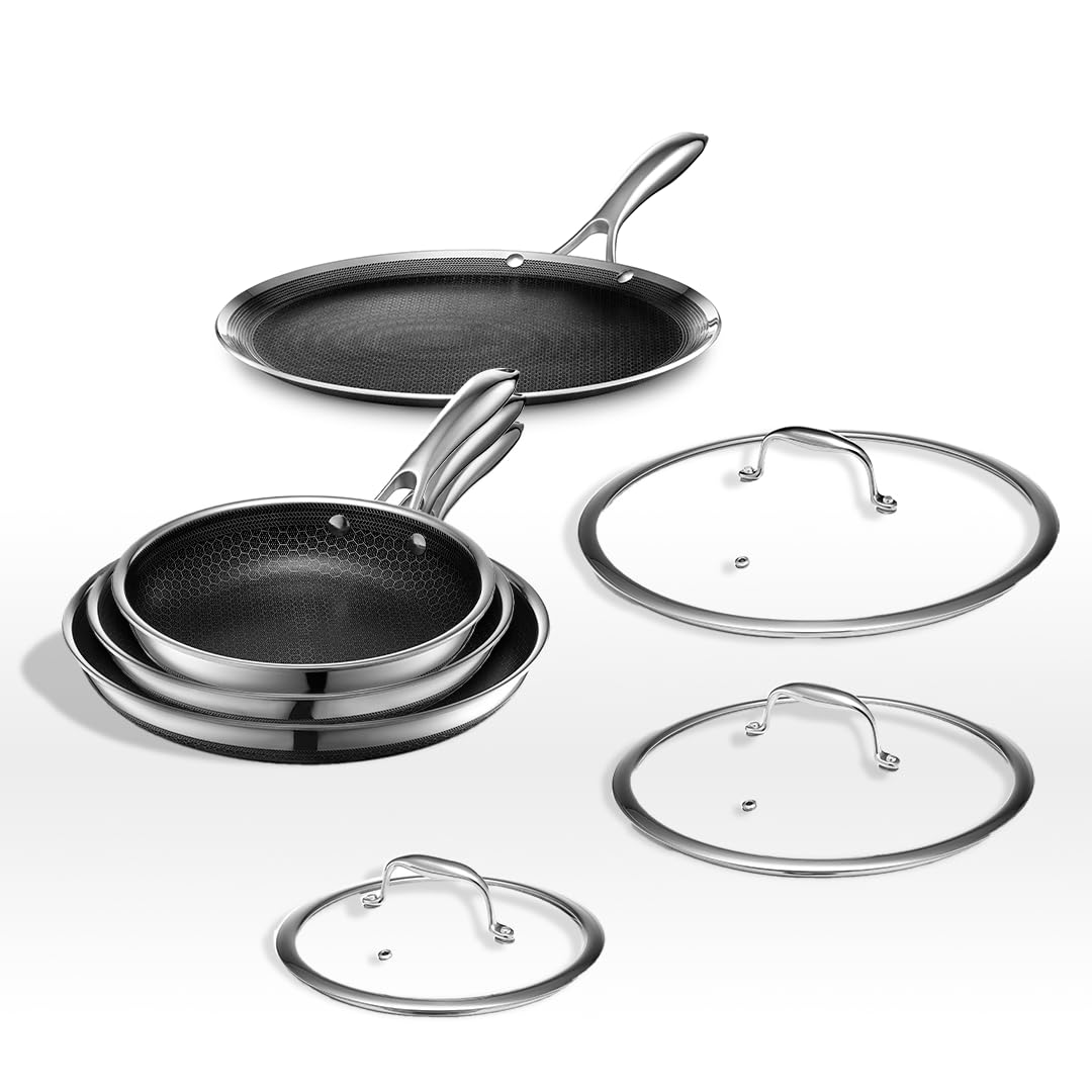 HexClad 7 Piece Hybrid Stainless Steel Cookware Set - 6 Piece Frying Pan Set and 12 Inch Griddle Skillet, Metal Utensil and Dishwasher Safe, Induction Ready, Easy to Clean, Non-stick