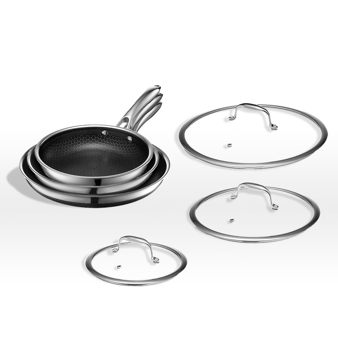 HexClad 7 Piece Hybrid Stainless Steel Cookware Set - 6 Pc Pan Set with Lids and 10 Inch Wok, Stay Cool Handle, Dishwasher and Oven Safe, Non-Stick