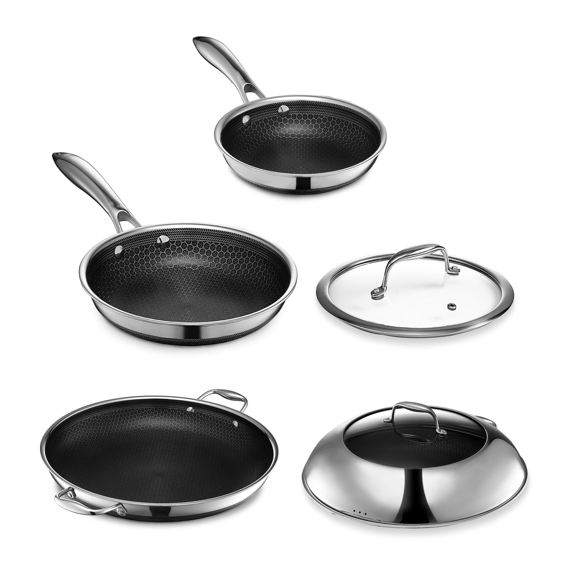 HexClad Cookware Set, 5-Piece Hybrid Stainless Steel Cookware Set with 7 Inch Nonstick Frying Pan Nonstick, 10 Inch Frying Pan Nonstick & 14 Inch Frying Pan with Lid, Dishwasher & Oven Safe