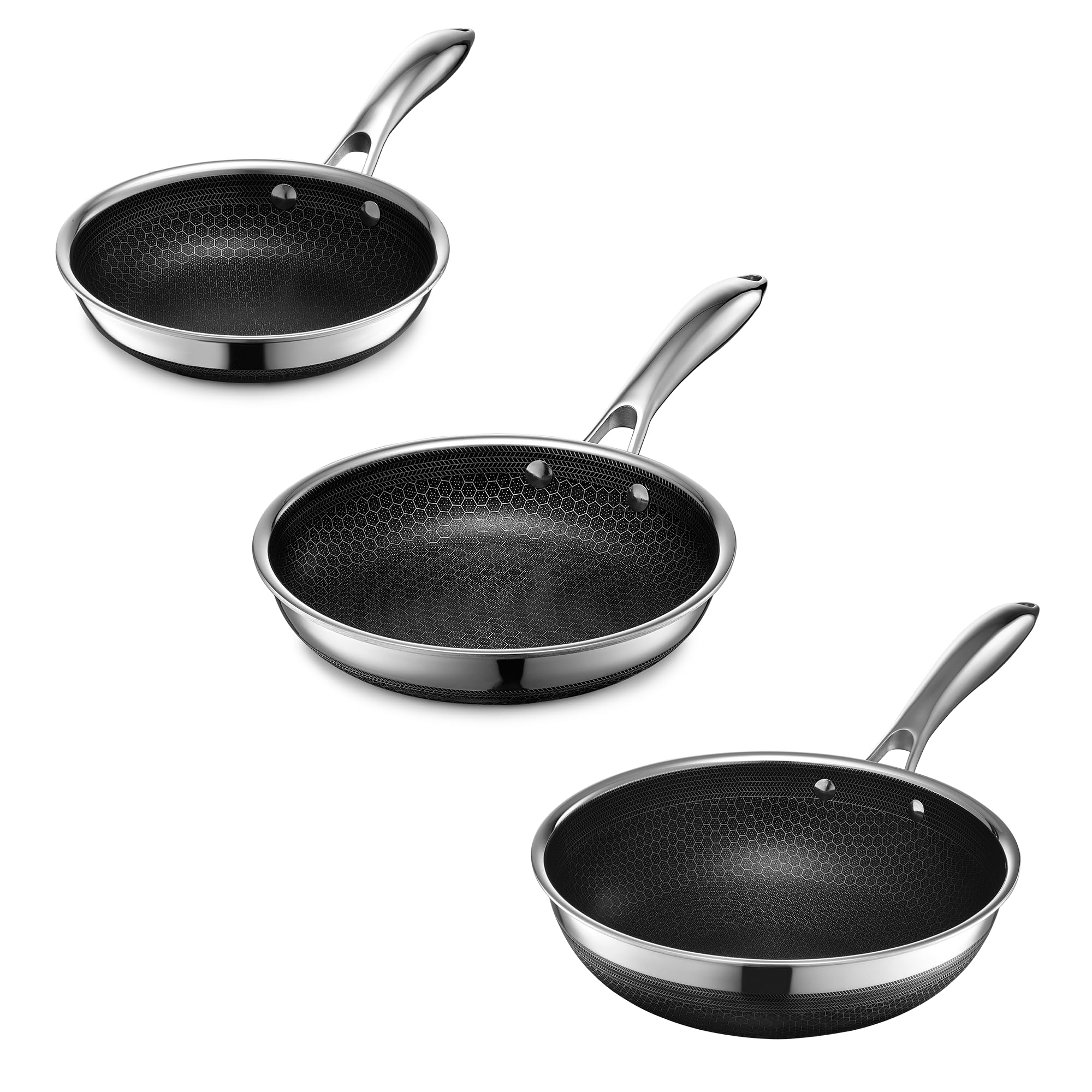 HexClad 3-Piece Hybrid Cookware Set - 7 Inch Nonstick Frying Pan, 10 Inch Frying Pan & 10 Inch Stainless Steel Wok Pan - Dishwasher & Oven Safe