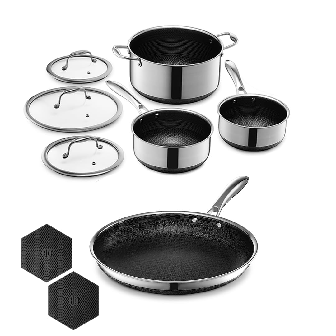 HexClad 9-Piece Hybrid Cookware Bundle, 12-Inch Nonstick Frying Pan, with 6 Piece Pot Set, 2, 3, and 8 Quart Pots with Glass Lids
