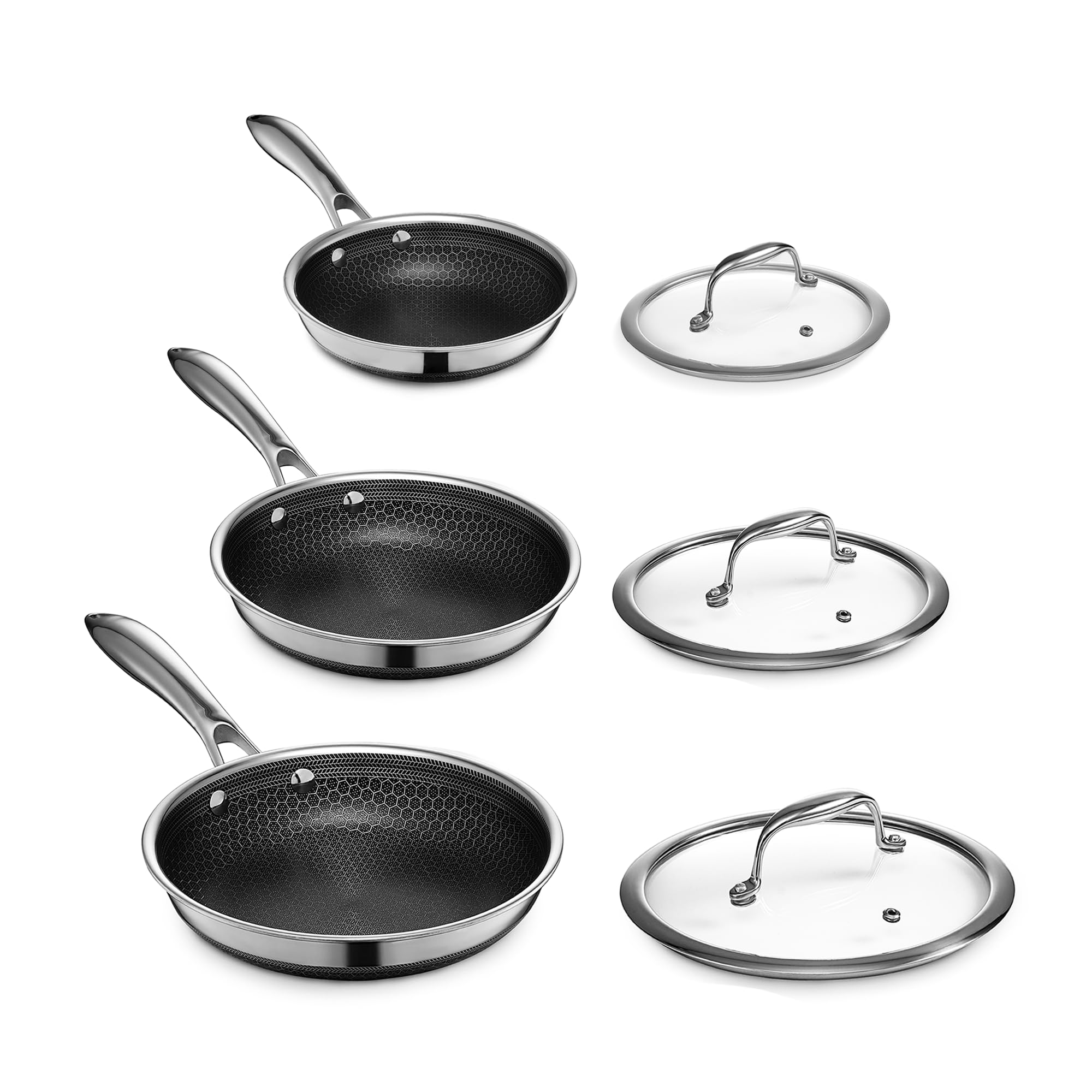 HexClad 6-Piece Hybrid Stainless Steel Cookware Set with 7 Inch, 12 Inch, 10 Inch Nonstick Frying Pans, Dishwasher & Oven Safe
