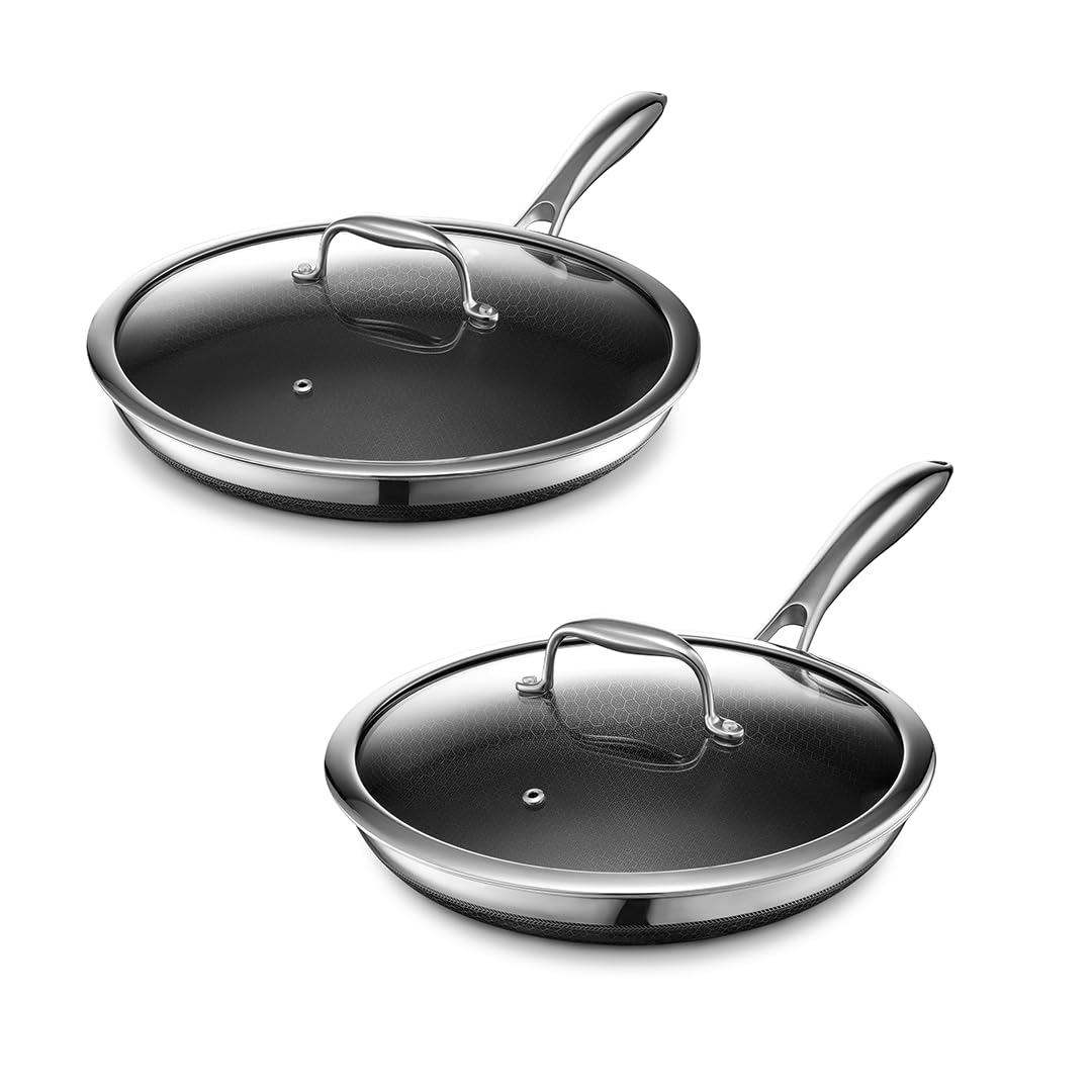 HexClad 4 Piece Hybrid Stainless Steel Cookware Set - 10 Inch Frying Pan with Lid and 12 Inch Frying Pan with Lid, Stay Cool Handle, Dishwasher and Oven Safe