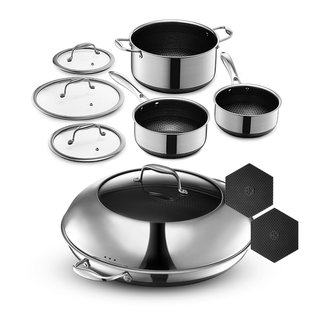 HexClad 10-Piece Hybrid Nonstick Cookware Set, 14-Inch Frying Pan & 6 Piece Pot Set, 2, 3, and 8 Quart Pots with Glass Lids