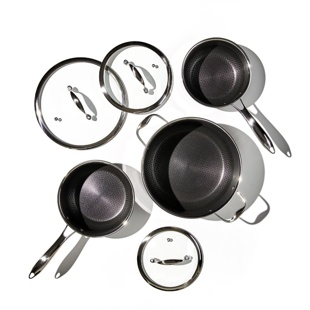 HexClad Hybrid Nonstick 6-Piece Pot Set with 2 Silicone Trivets, 2, 3, and 8-Quart Pots with Tempered Glass Lids, Stay-Cool Handles, Dishwasher-Friendly, Induction-Ready, Compatible with All Cooktops