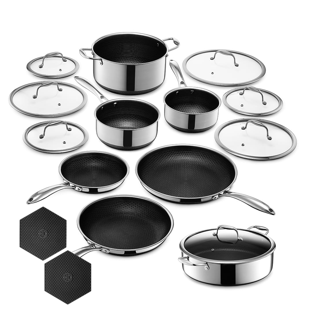 HexClad 16-Piece Hybrid Stainless Steel Cookware Set - 6 Piece Frying Pan Set, 6 Piece Pot Set and 7 Quart Pot Deep Fryer, Stay Cool Handles, Induction Ready