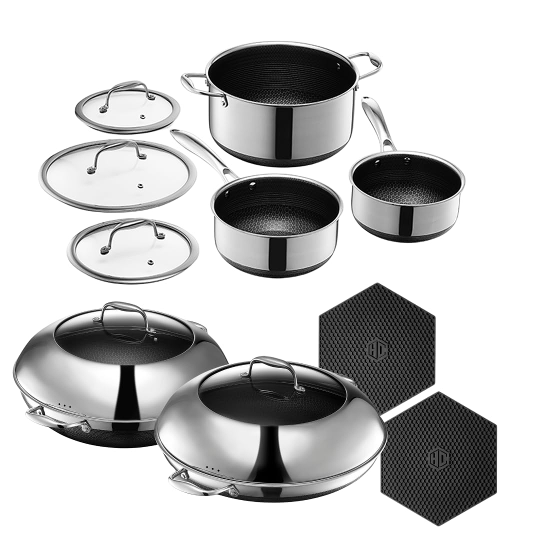 HexClad 12 Piece Hybrid Stainless Steel Cookware Set - 6 Piece Pot Set, 14 Inch Wok, 14 Inch Frying Pan with Lid, Stay Cool Handles, Dishwasher Safe, Works with Induction, Electric, and Gas Cooktops