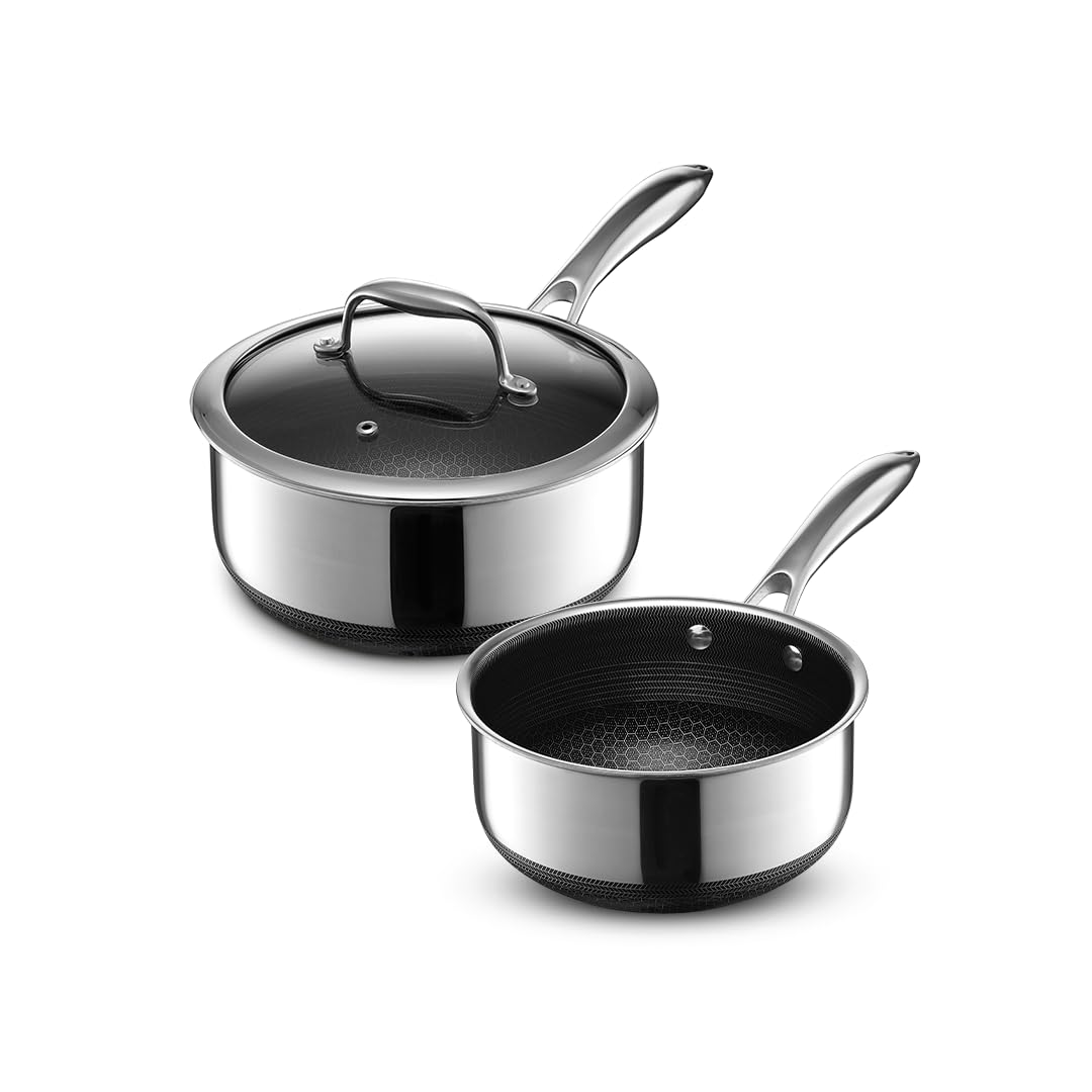 HexClad 4-Piece Hybrid Nonstick 2-Quart and 3-Quart Saucepans with Tempered Glass Lids