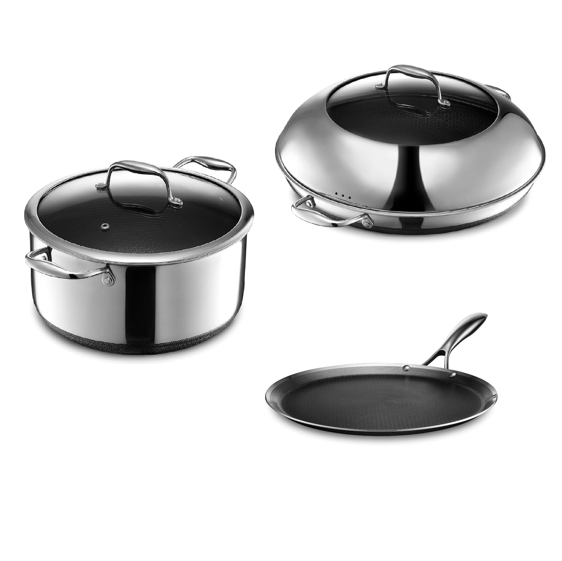 HexClad 5 Piece Cookware Set, 13 Inch Griddle, 14 Inch Pan and Lid and 8 Quart Stockpot with Lid, Oven and Dishwasher Safe, Compatible with All Cooktops