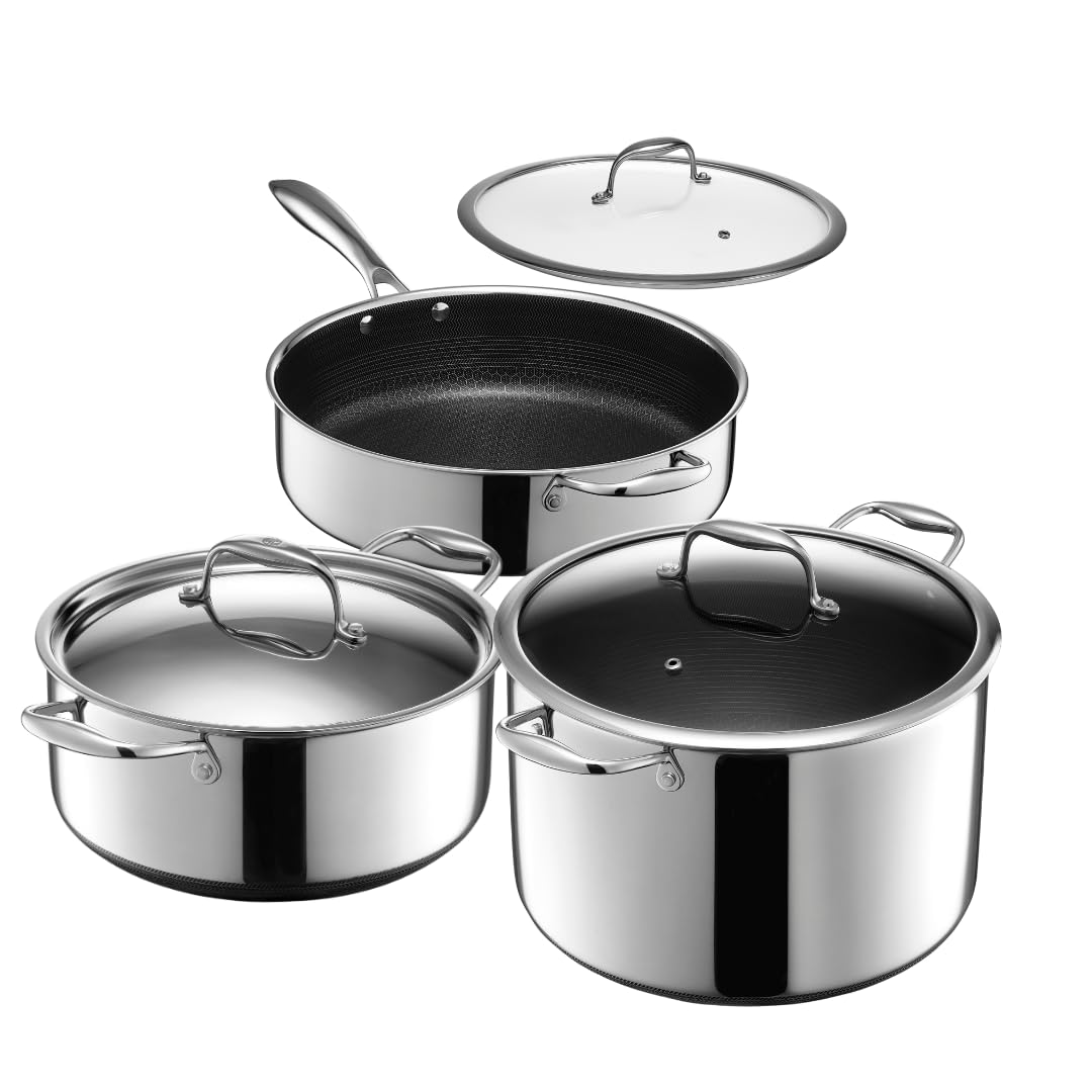 HexClad Cookware Set, 6-Piece Hybrid Stainless Steel Cookware Set with 5 Qt Dutch Oven, 5.5 Qt Saute Pan with Lid & 10 Qt Stock Pot with Lid, Dishwasher & Oven Safe
