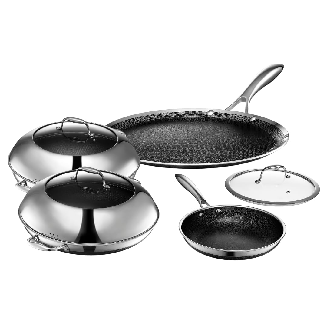 HexClad Hybrid Nonstick 7-Piece Cookware Set, 14" Pan with Lid, 14" Wok with Lid, 12" Griddle, and 10" Pan, Stay-Cool Handles, Dishwasher and Oven-Safe, Induction Ready, Compatible with All Cooktops
