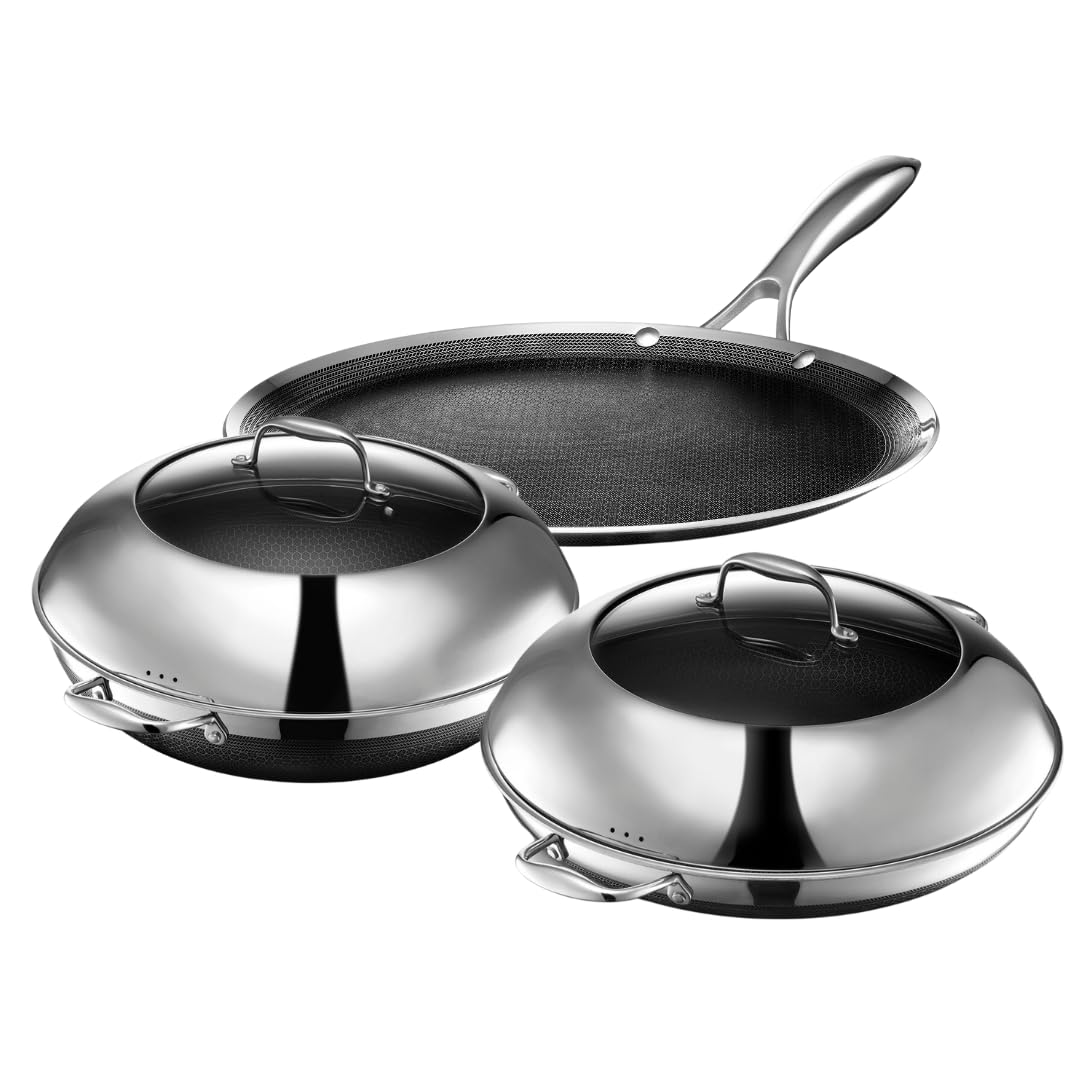 HexClad Hybrid Nonstick 5-Piece Cookware Set, 14" Pan with Lid, 14" Wok with Lid, and 12" Griddle, Stay-Cool Handles, Dishwasher and Oven-Safe, Induction Ready, Compatible with All Cooktops
