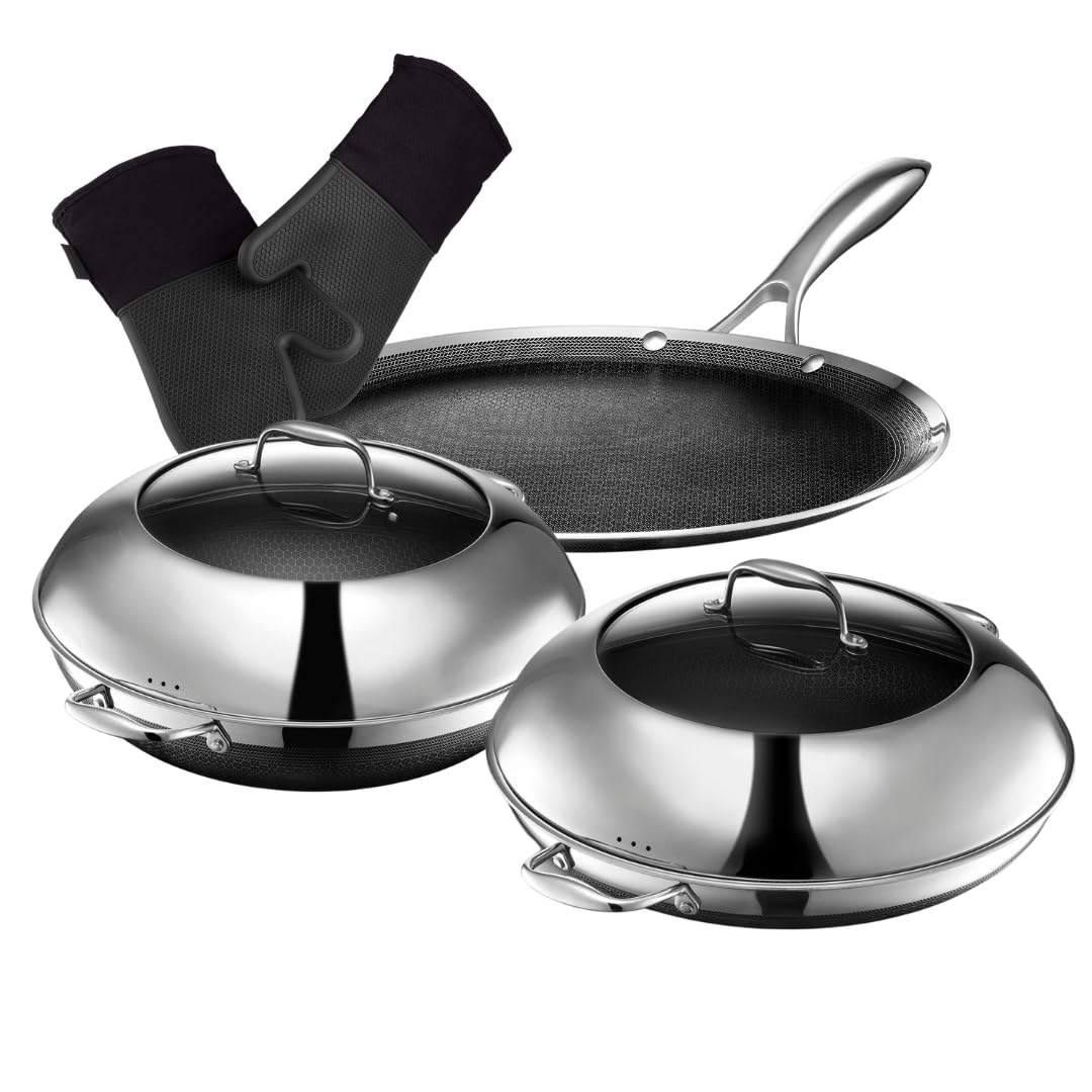 HexClad Hybrid Nonstick 7-Piece Cookware Set, 14" Pan with Lid, 14" Wok with Lid, 12" Griddle, and 2-Piece Oven Mitt Set