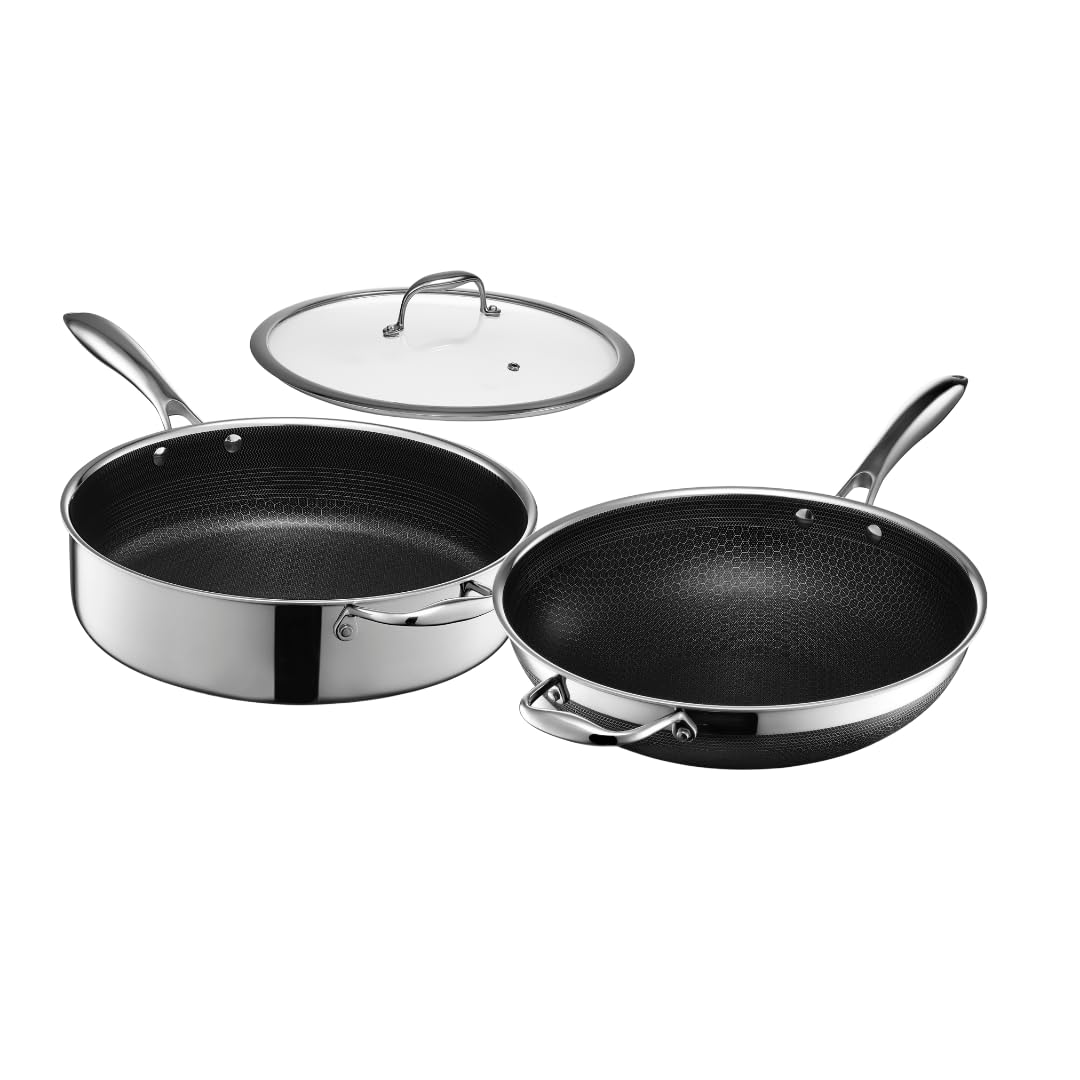 HexClad 3 Piece Cookware Set, 5.5Qt Sauté Pan with Lid & 12" Wok, Oven and Dishwasher Safe, Compatible with All Cooktops