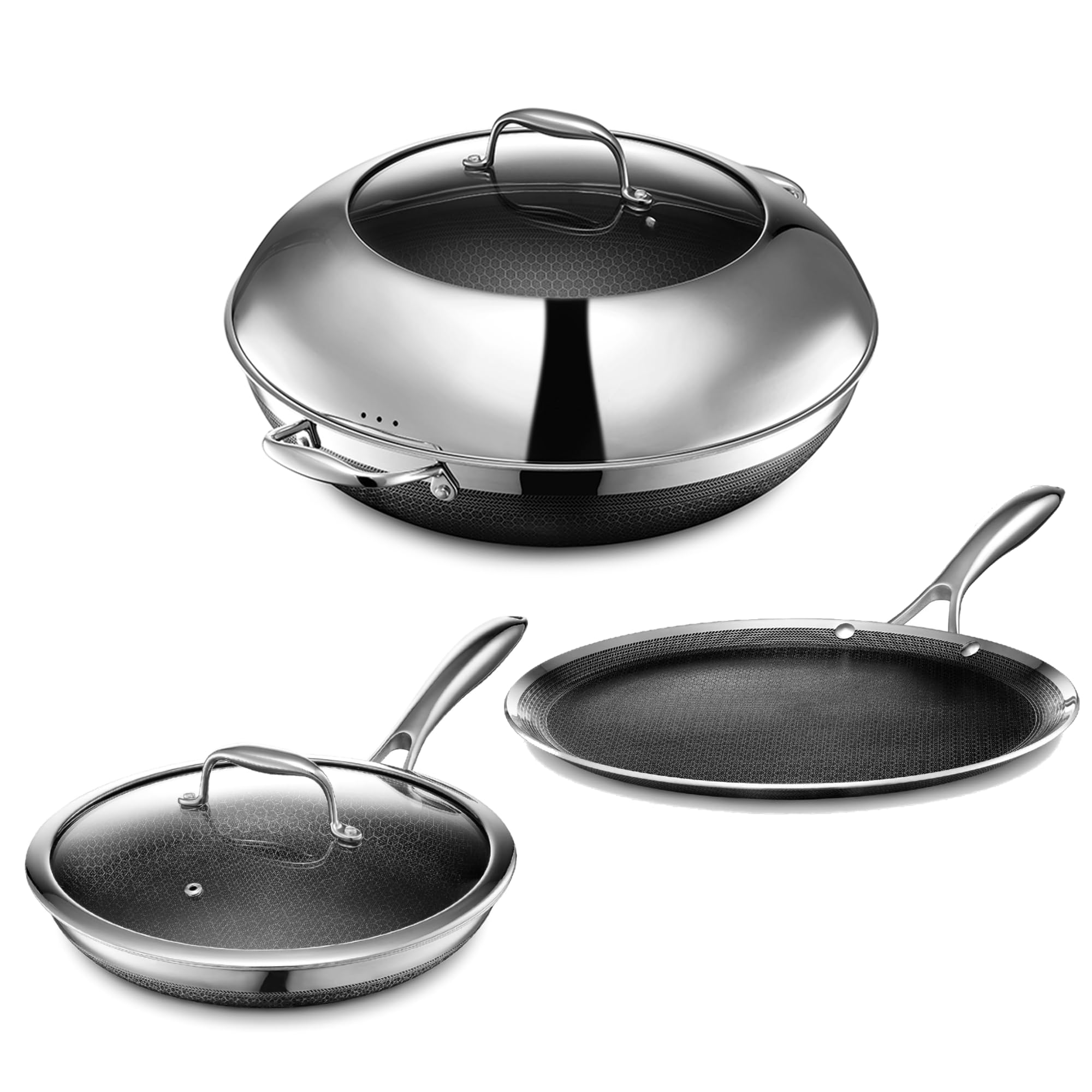 HexClad 5-Piece Set - 14-Inch Hybrid Stainless Steel Wok Pan, 12 Inch Griddle Pan & 10-Inch Fry Pan with Tempered Glass Lid