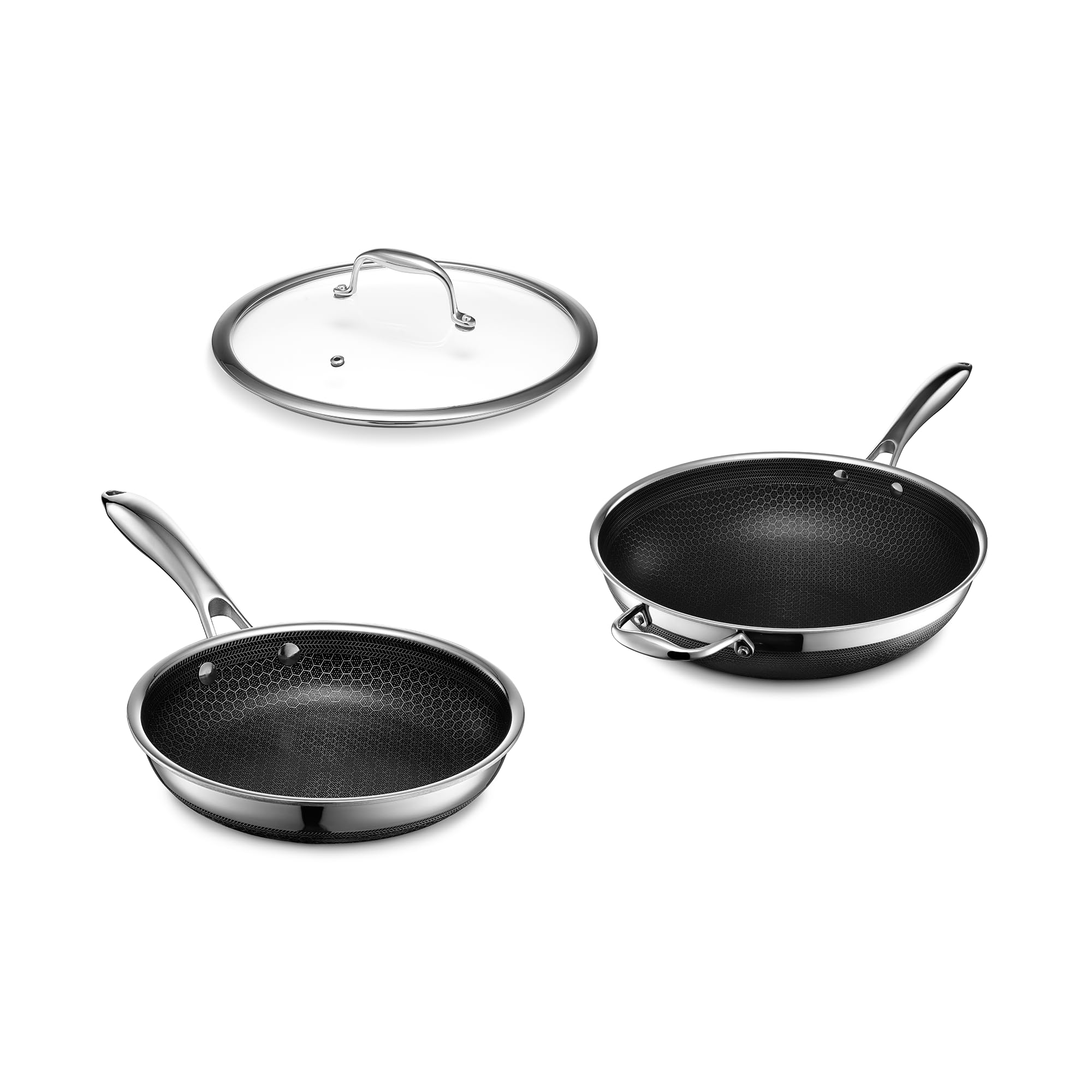HexClad 3-Piece Hybrid Cookware Set - 10 Inch Pan With Lid, Nonstick Frying Pan & Stainless Steel Wok - Dishwasher & Oven Safe